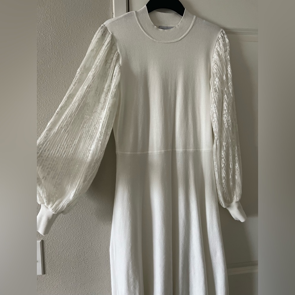 Nina Leonard Ivory Puff-Sleeve Midi Dress